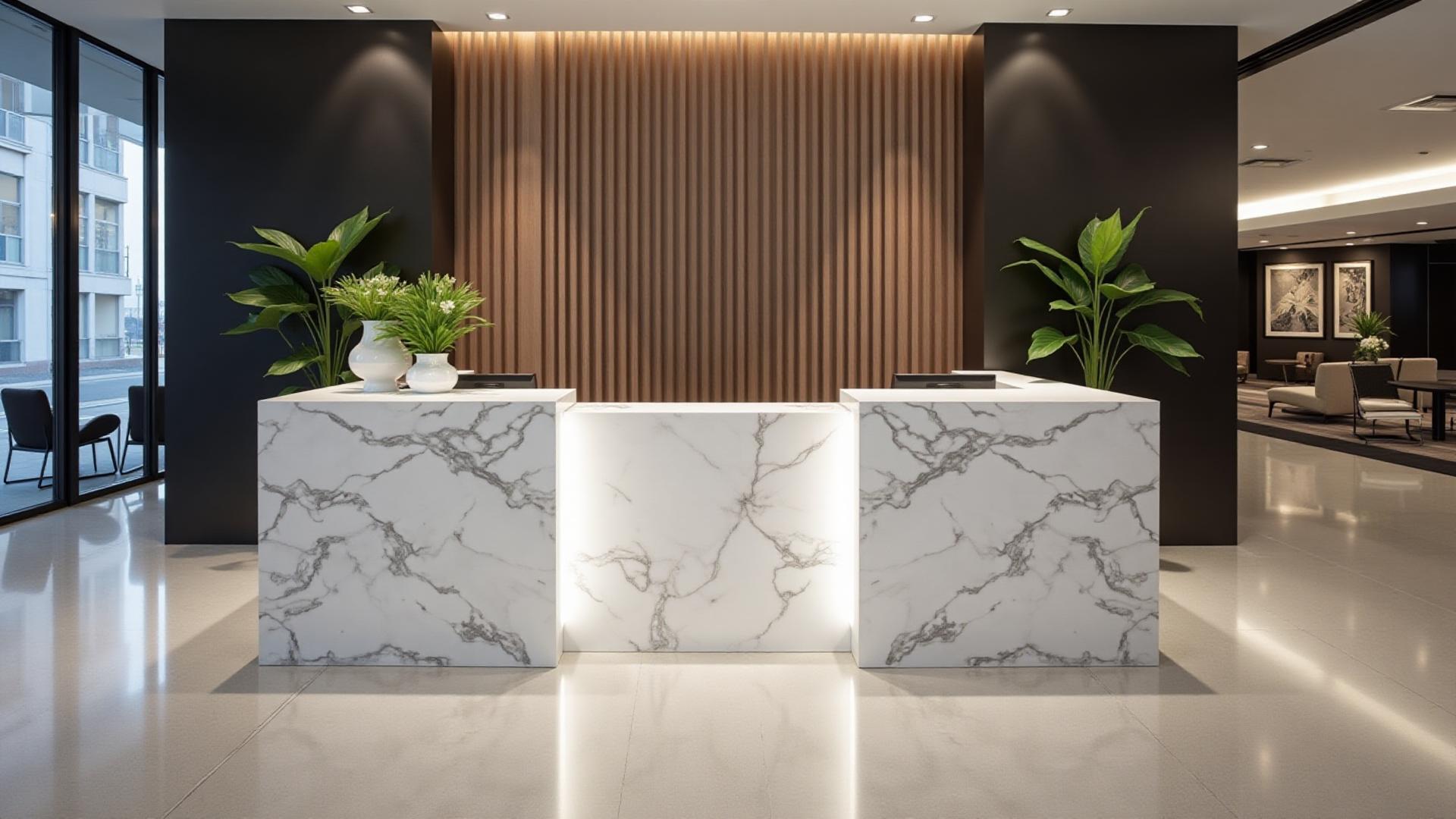 White quartzite commercial reception desk installed in Bonita Springs FL by HB Marble and Granite